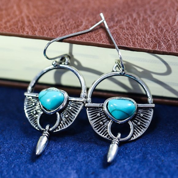 ♡♡Vintage Hollow Circle Turquoises Stone Earrings - Picture 2 of 3